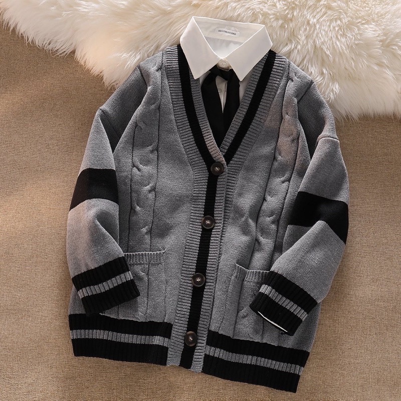 Áo khoác cardigan xám viền đen chất len dày dặn