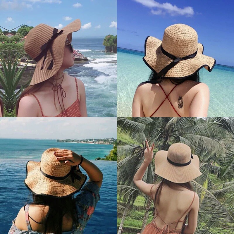 Mũ cói bện vành rộng gấp gọn