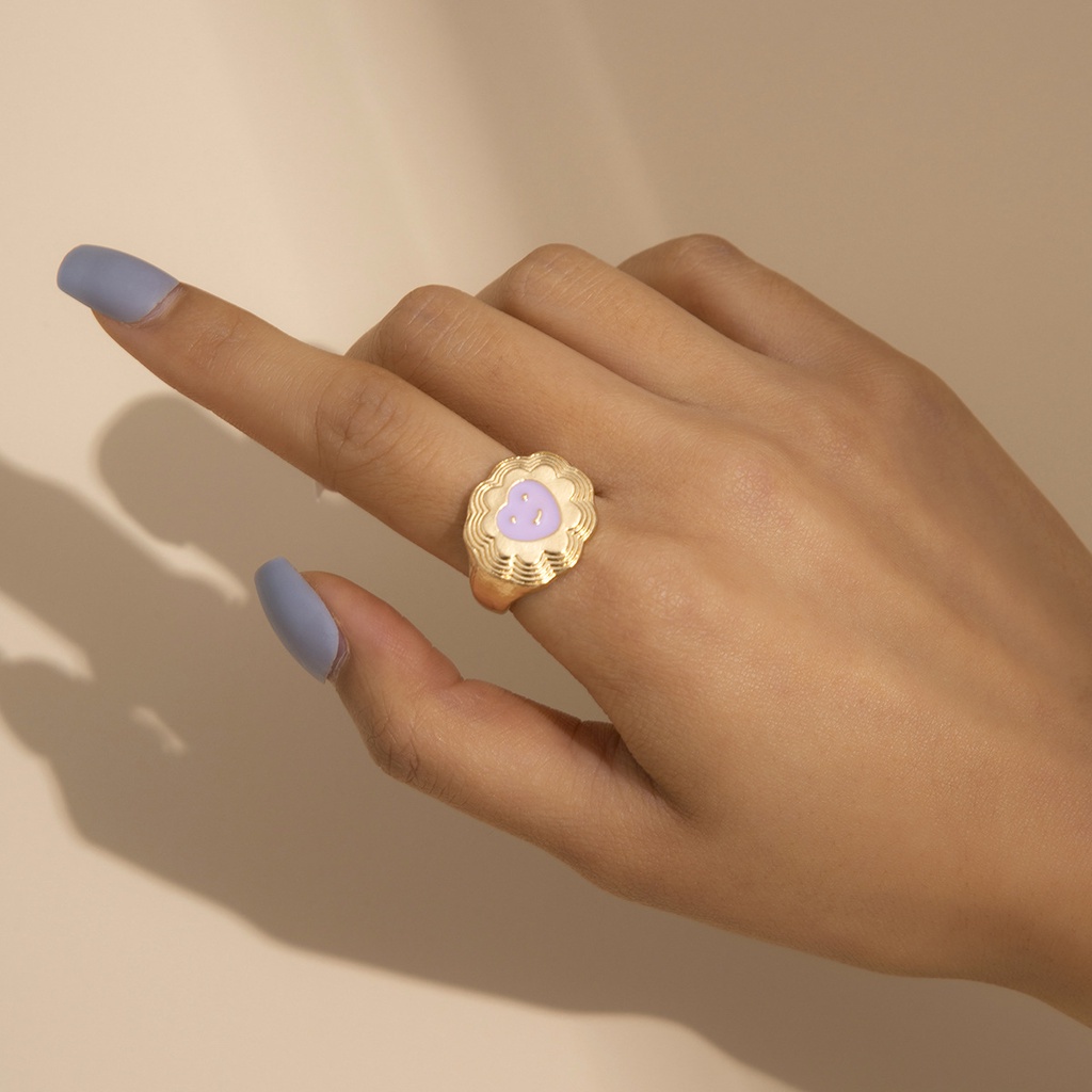 [Woman Fancy Nhẫn Dày Dặn Tráng Men Hình Trái Tim Mặt Cười Trái Tim Sành Điệu Nhiều Màu Sắc Cho Nữ