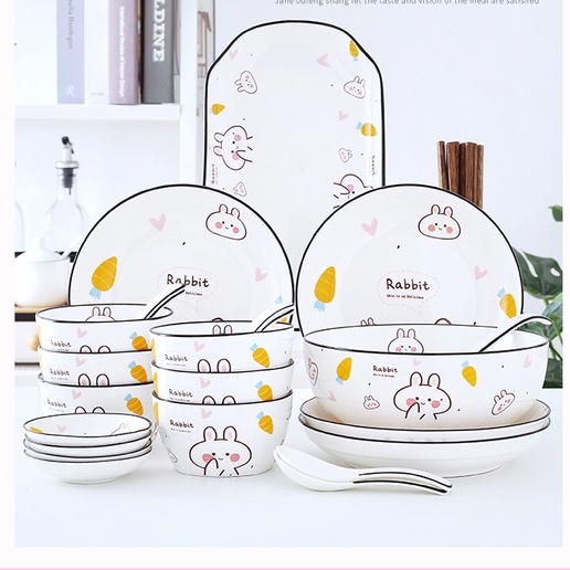 Bộ chén đĩa khay sứ Thỏ trắng dễ thương ăn dặm cho bé (tách lẻ)