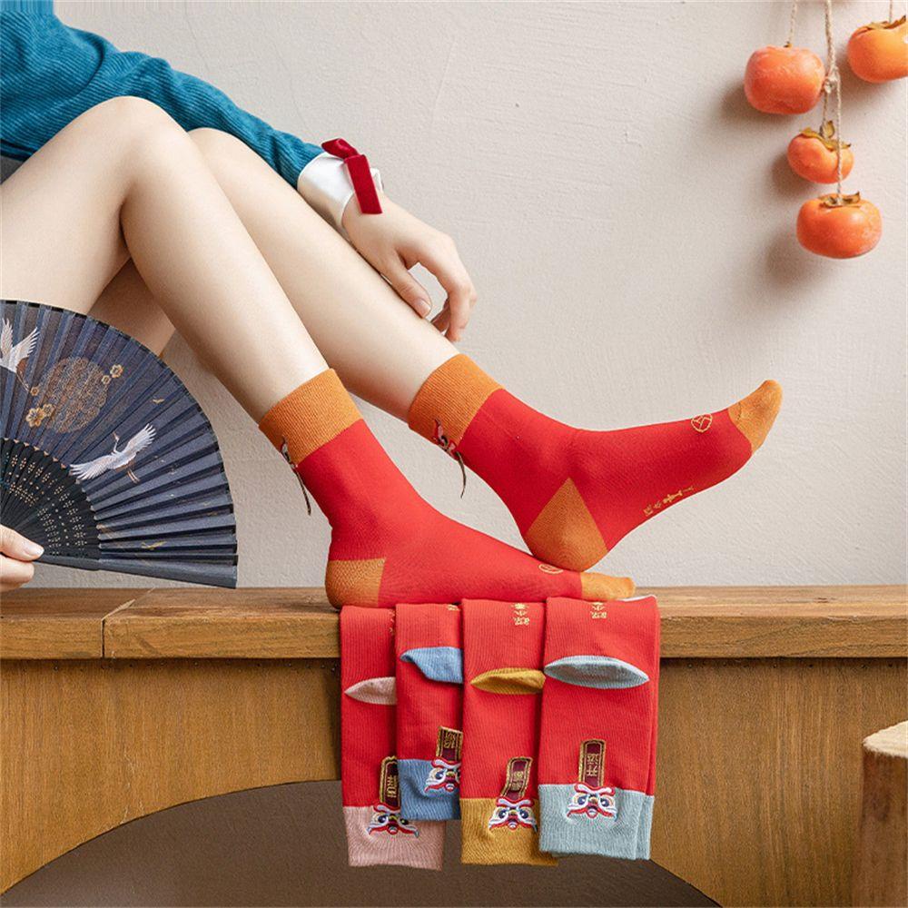 BSUNS Vớ Ống Giữ Nhiệt Màu Đỏ Hình Sư Tử Năm Mới Phong Cách Trung Hoa