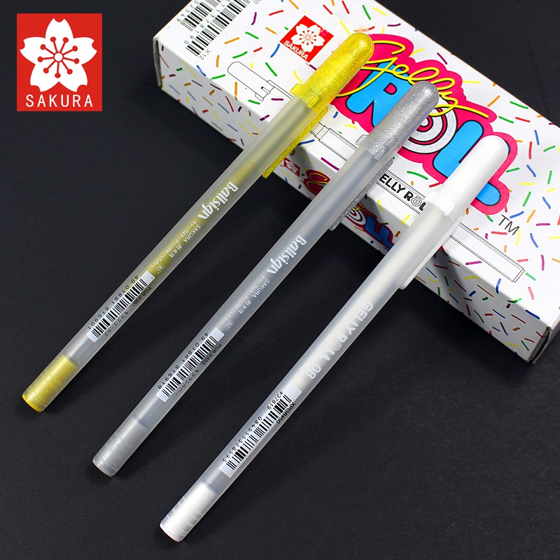 Set 3 bút Gel Sakura Gelly roll Trắng - Nhũ vàng - Nhũ bạc