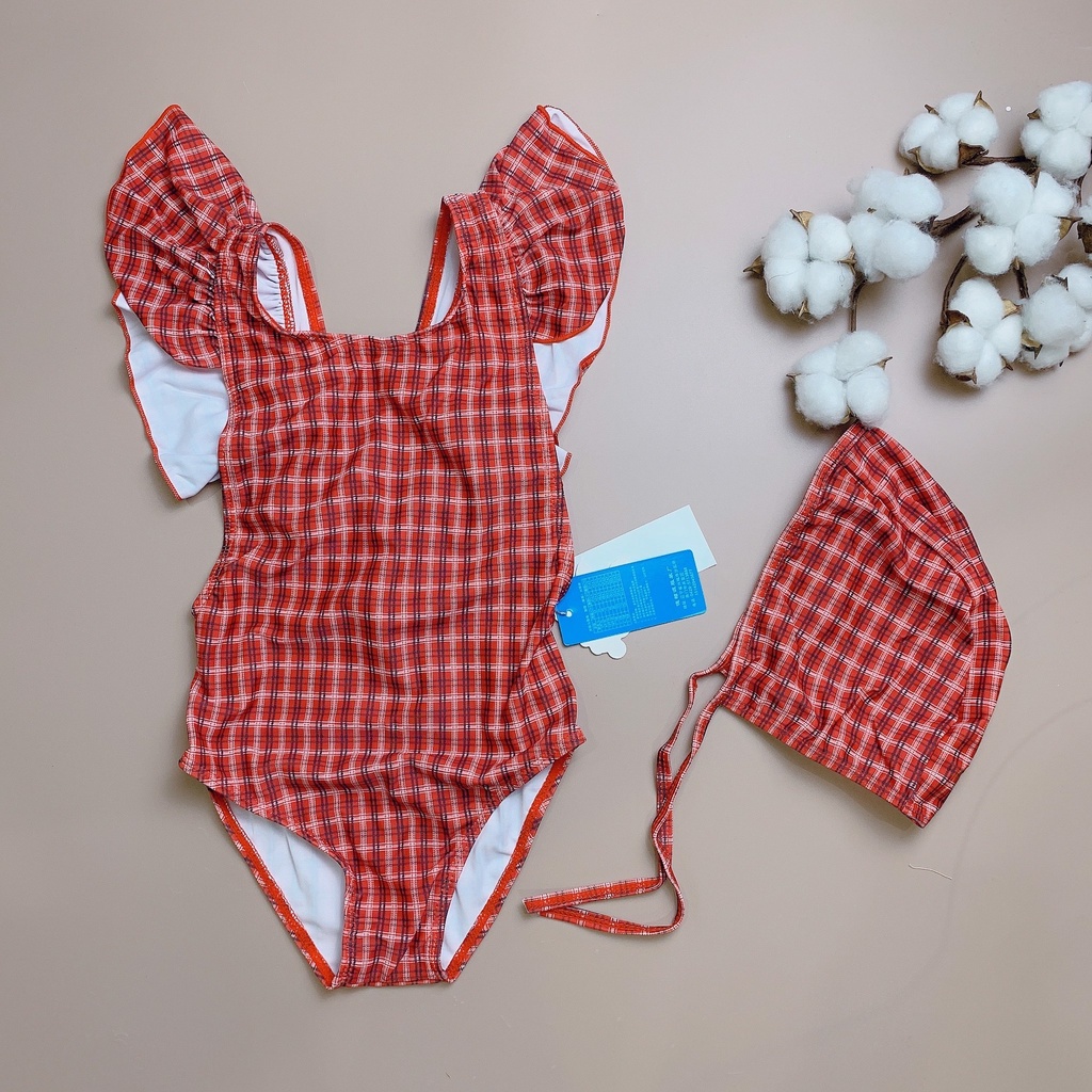 Bộ bơi liền bèo vai kẻ caro nhiều màu BG 3-7y