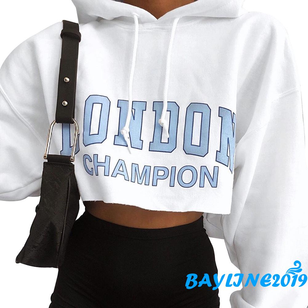 Áo Hoodies Lửng Có Nón Dài Tay In Chữ Thời Trang Nữ