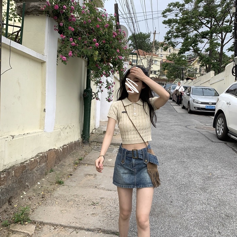 Áo croptop dệt kim tay ngắn màu trơn thời trang đơn giản cho nữ | BigBuy360 - bigbuy360.vn