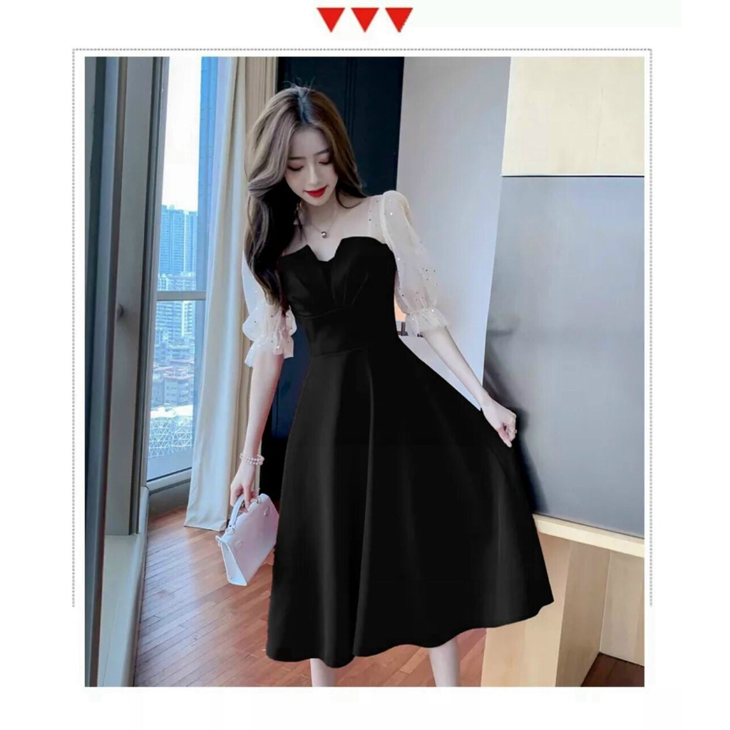 Đầm Xòe Tiểu Thư Tay Lưới Kim Sa Thanh Lịch