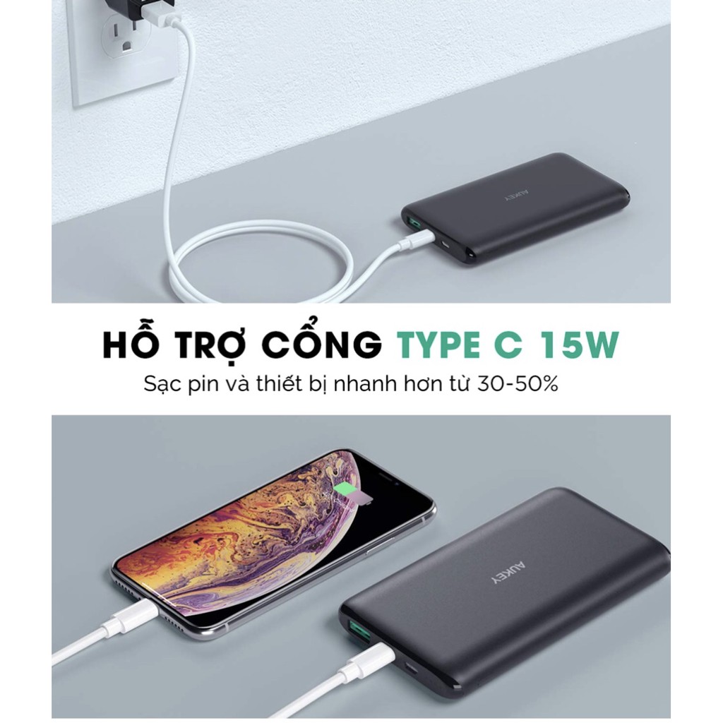 Pin sạc dự phòng AUKEY PB-XN10 10000mAh 15W, 02 cổng sạc (tích hợp USB-C 15W (In/Out)