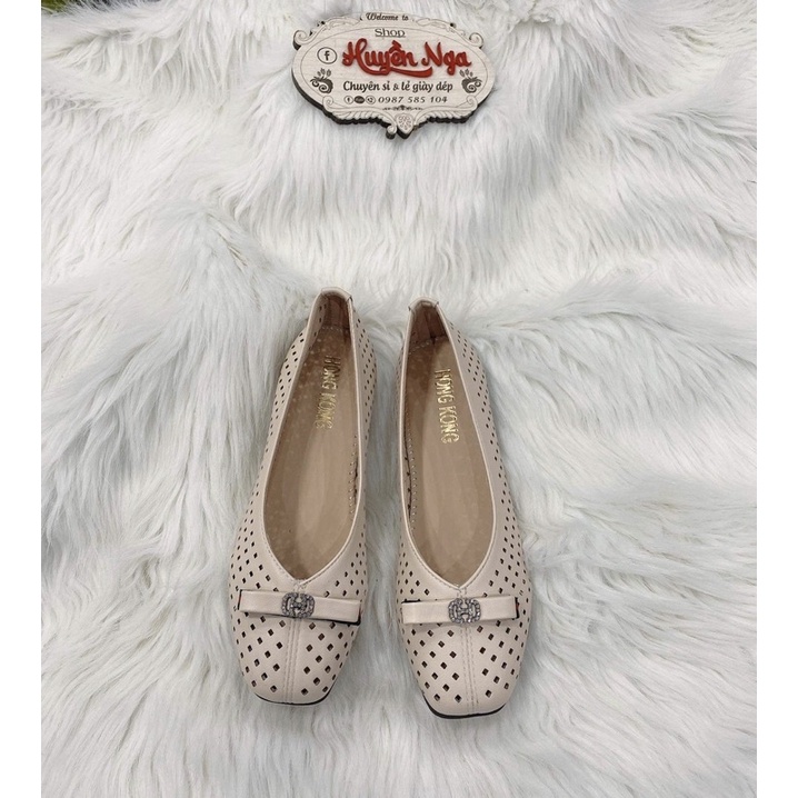 Giày bệt búp bê nữ thoáng lỗ mùa hè màu trắng ngà