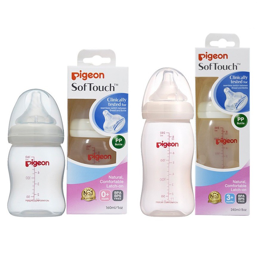 [Mã BMBAU50 giảm 7% đơn 99K] Bình sữa Pigeon 160ml / 240ml / 330ml cổ rộng PP Plus với núm vú silicone siêu mềm Plus