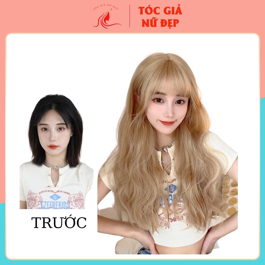 Tóc giả nguyên đầu xù dài màu vàng tây, 60cm, c8174. tặng kèm lưới trùm