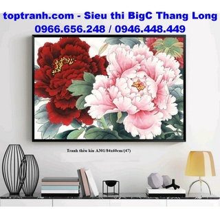 Tranh thêu chữ thập 2 bông hoa mẫu đơn đỏ hồng khoe sắc A301 chưa thêu