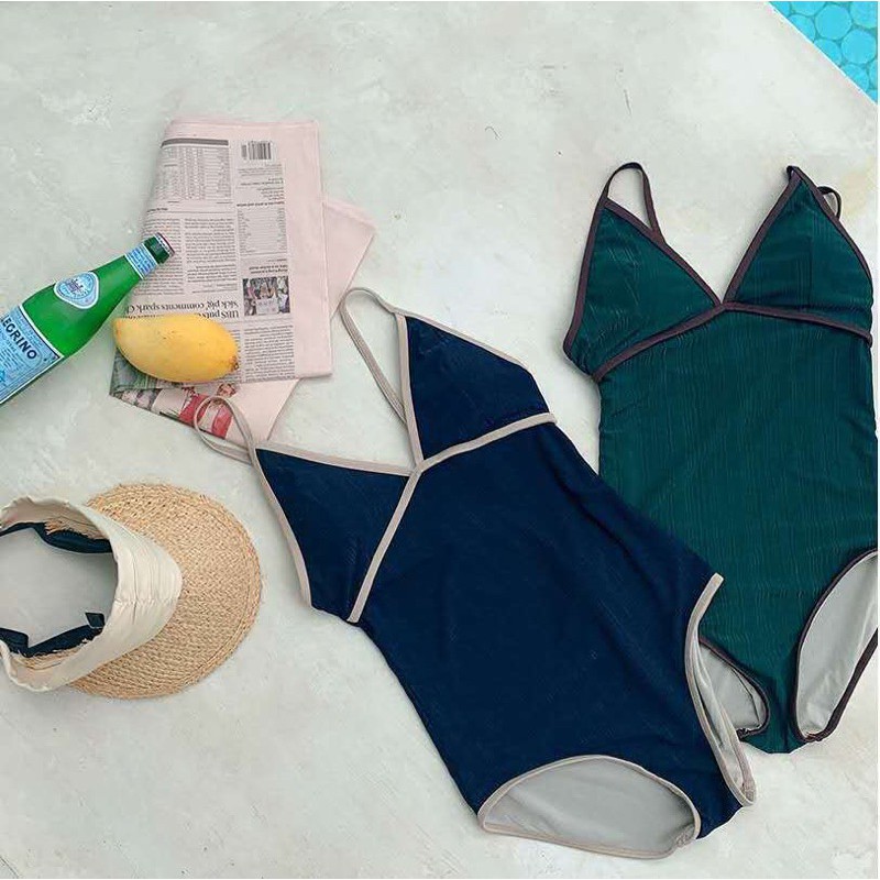 Monokini bikini liền mảnh cúp ngực viền dây màu xanh than/ xanh lá | BigBuy360 - bigbuy360.vn