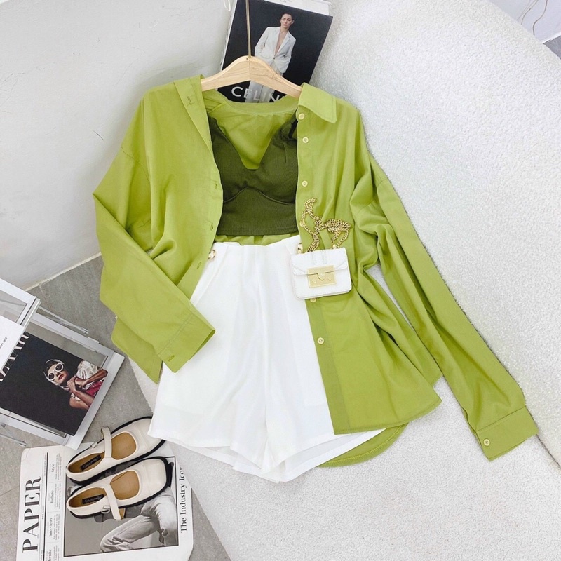 SET 3 MÓN ÁO KHOÁC SƠMI XANH LÁ THUN CROPTOP 2S VÀ QUẦN SHORT TRẮNG KÈM ẢNH THẬT