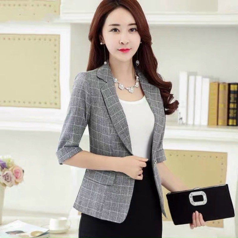 Áo vest xinh diện bốn mùa AV01 blazer nữ mẫu kẻ tay lỡ có túi