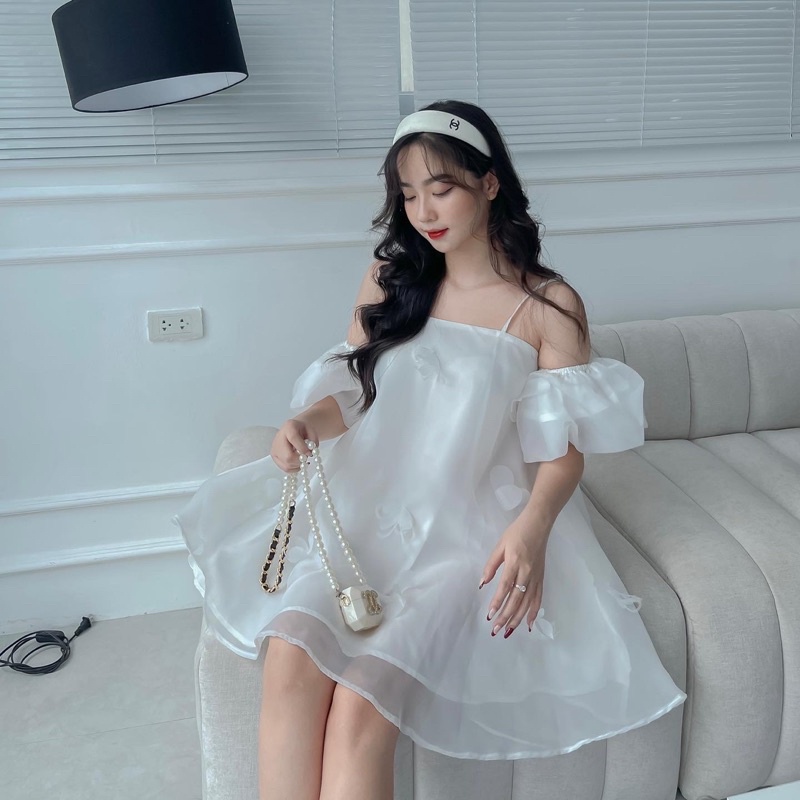 Váy 2 dây tay bồng suông hoa 3D