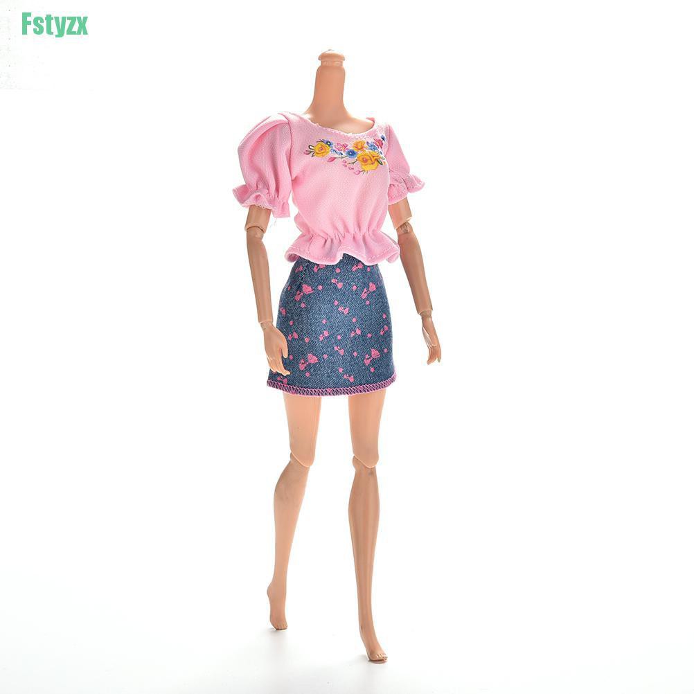 fstyzx 2 Pcs/Set Pink T Shirt and Blue Denim Skirt for Barbies Princess Dolls