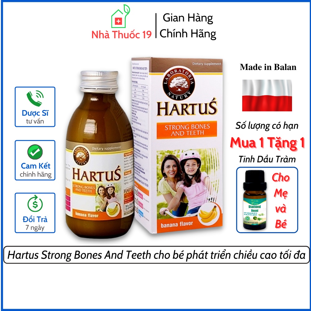Hartus Strong Bones And Teeth, Siro nhập khẩu bổ sung Canxi sinh học và Vitamin K+D3 giúp bé phát triển chiều cao tối đa