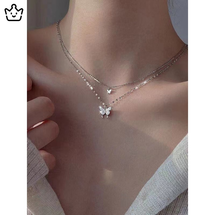 Vòng cổ Hai Lớp Mặt Hình Bướm Đính Đá Lấp Lánh Sang Trọng Dành Cho Nữ JP6