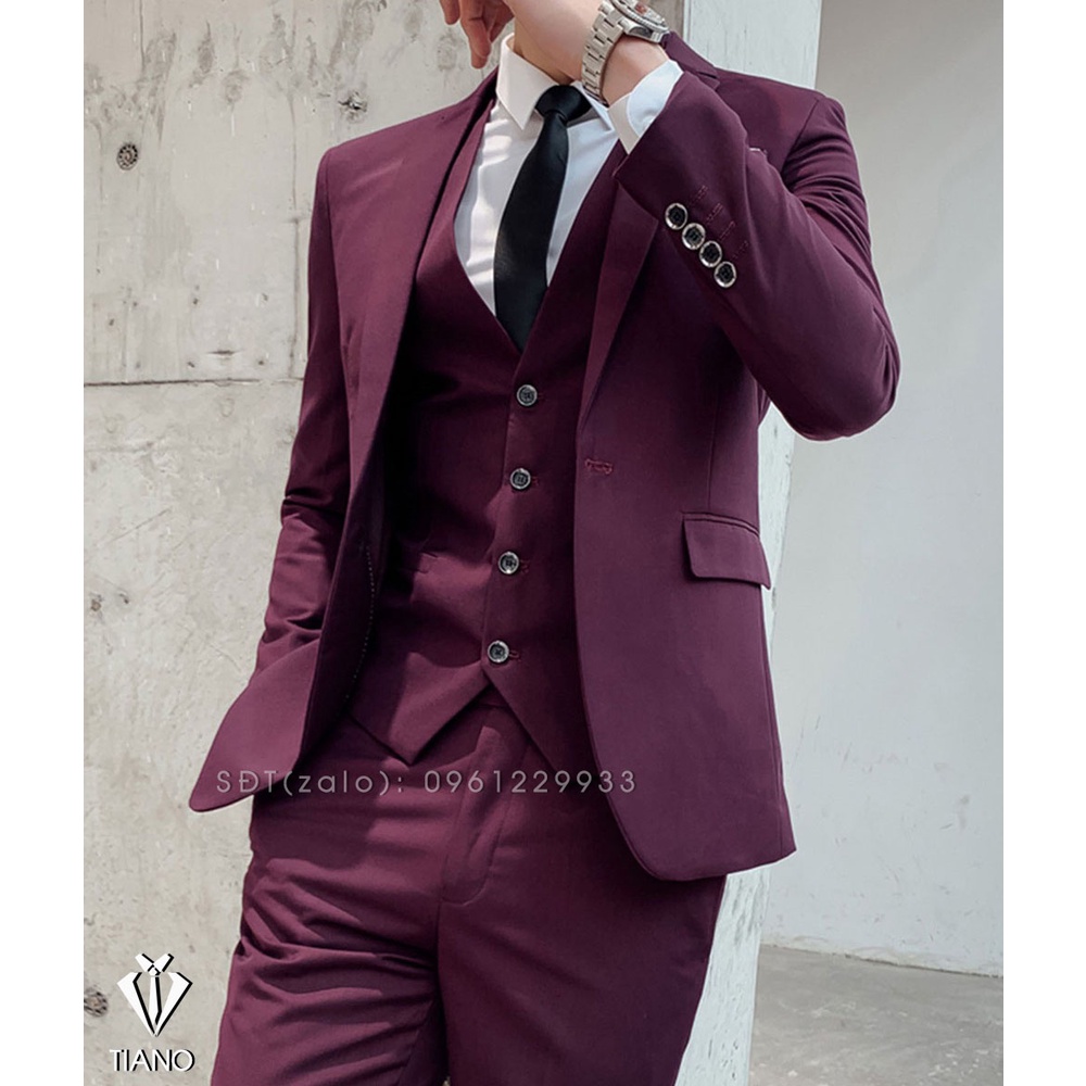 Bộ Vest nam form ôm body 1 cúc màu ĐỎ ĐÔ chất vải dày mịn co giãn nhẹ, form ôm đẹp. Suit Nam Cao Cấp - TIANO STORE
