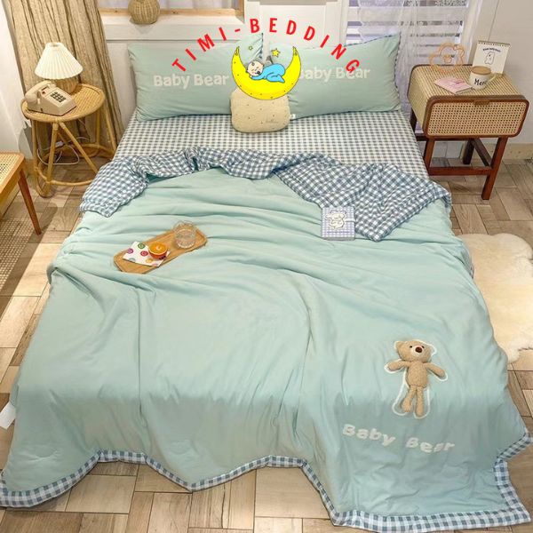 Bộ chăn ga đũi hè thêu gấu thoáng mát, xinh xắn – chăn đũi hè - Timibedding