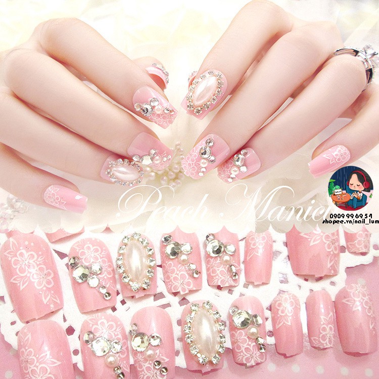 Móng Giả - Nail 3D Dài - Đính Đá [Sẵn Keo - Đóng Hộp 24 Mẫu Đủ Size]