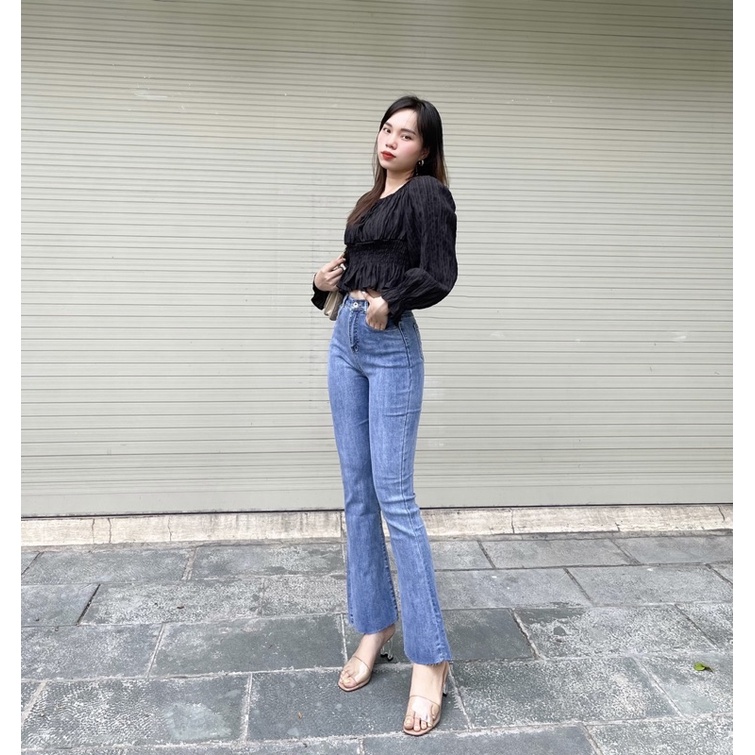 Quần Jean Nữ ống Loe YURI Lưng cao Kiểu trơn lai Cắt | BigBuy360 - bigbuy360.vn