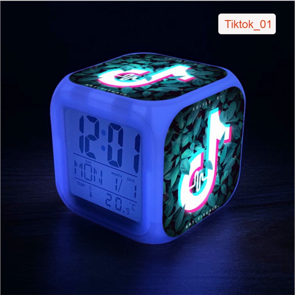 [Cute] Đồng Hồ Báo Thức Để Bàn in Hình Biểu Tượng Tiktok 2021 LED Đổi Màu. Hiển Thị Ngày Tháng, Nhiệt Độ. Tặng 4 Pin AAA