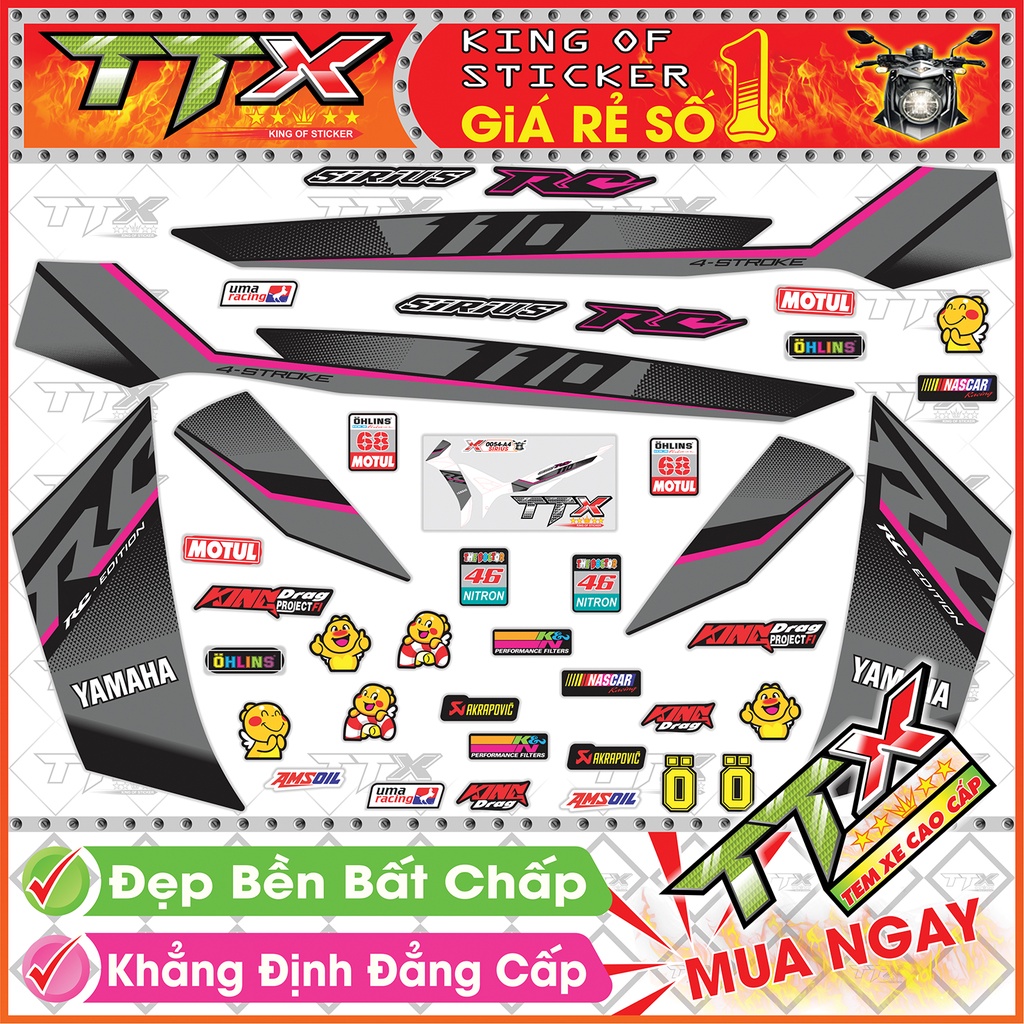 Tem Xe Sirius 110 RC Xám Đen Hồng Điểm Nhấn - Tem Sirius Hồng Xám Đen Siêu Đẹp - Mẫu Team Sirius Xám Đen Hồng