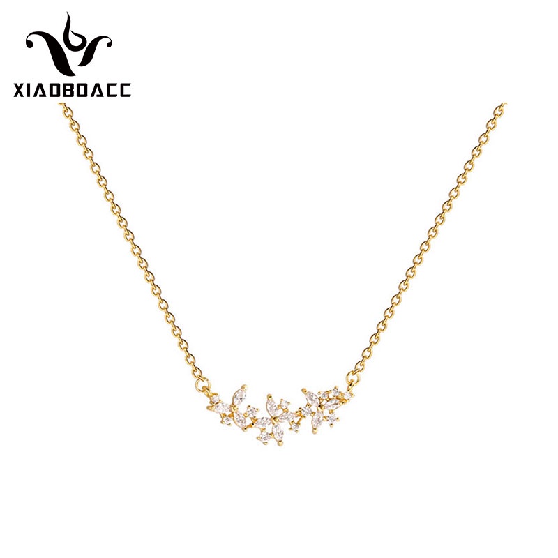 XiaoboACC Vòng Cổ Thép Titan Mạ Vàng 18k Mặt Hình Hoa Đính Đá Zircon - 38CM+6CM
