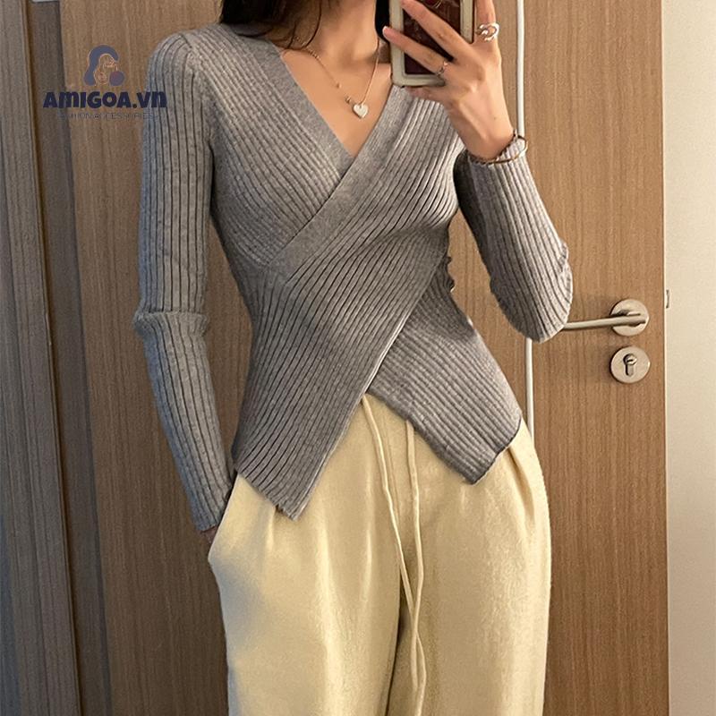 [amigoa.acc] Áo Sweater Dệt Kim Cổ Chữ V Dáng Ôm Ngắn Dày Dặn Thời Trang Thu Đông Cho Nữ