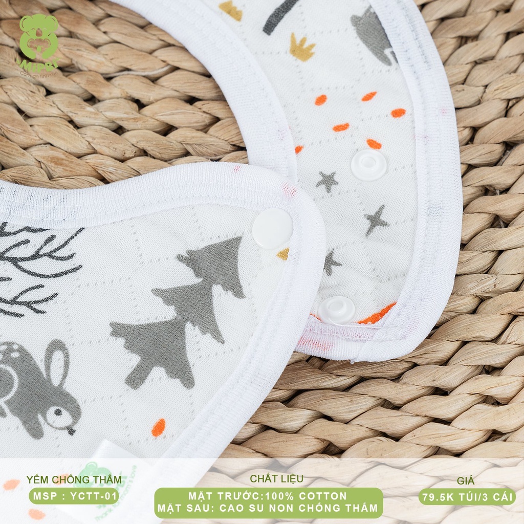 Combo 3c Yếm tròn mipbi HÀNG CAO CẤP 100%cotton knitted bền đẹp.Yếm ăn dặm bấm cúc cho bé in hình họa tiết dễ thương