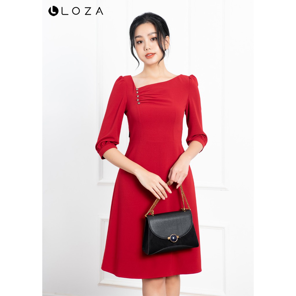 [Mã FASHIONMALLT4 giảm 15% đơn 150k] Đầm xòe cổ lệch đính đá-LOZA LD12009