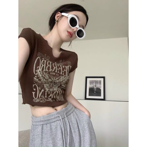 Áo CropTop In Hình Bướm Cuốn Biên