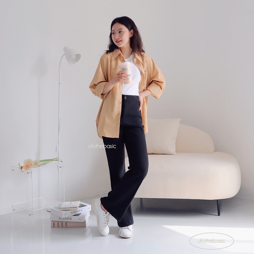 Quần ống loe cạp cao chất Vitex Hàn dày đặn đứng form Flare Pants ufothebasic
