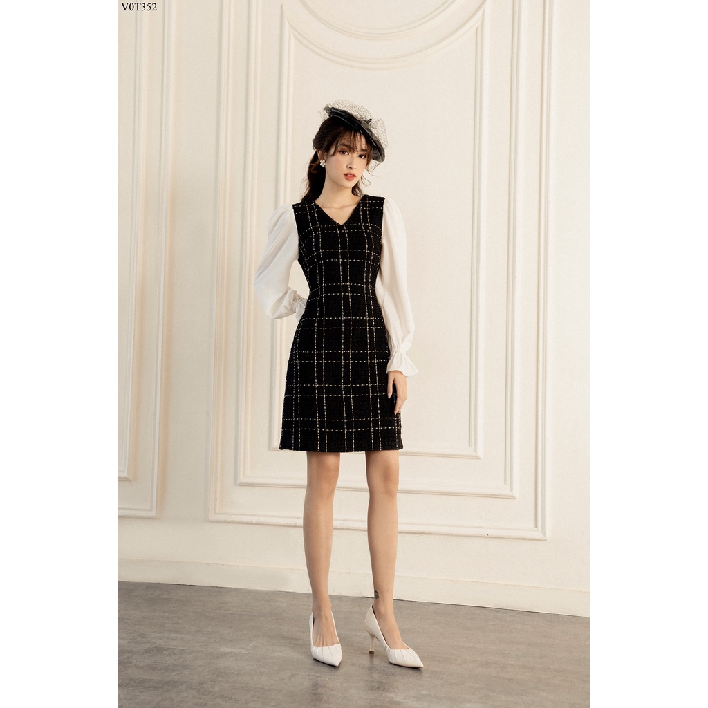 Váy dạ tweed cổ V phối tay trắng thanh lịch TIINSTORE V0T352 | BigBuy360 - bigbuy360.vn