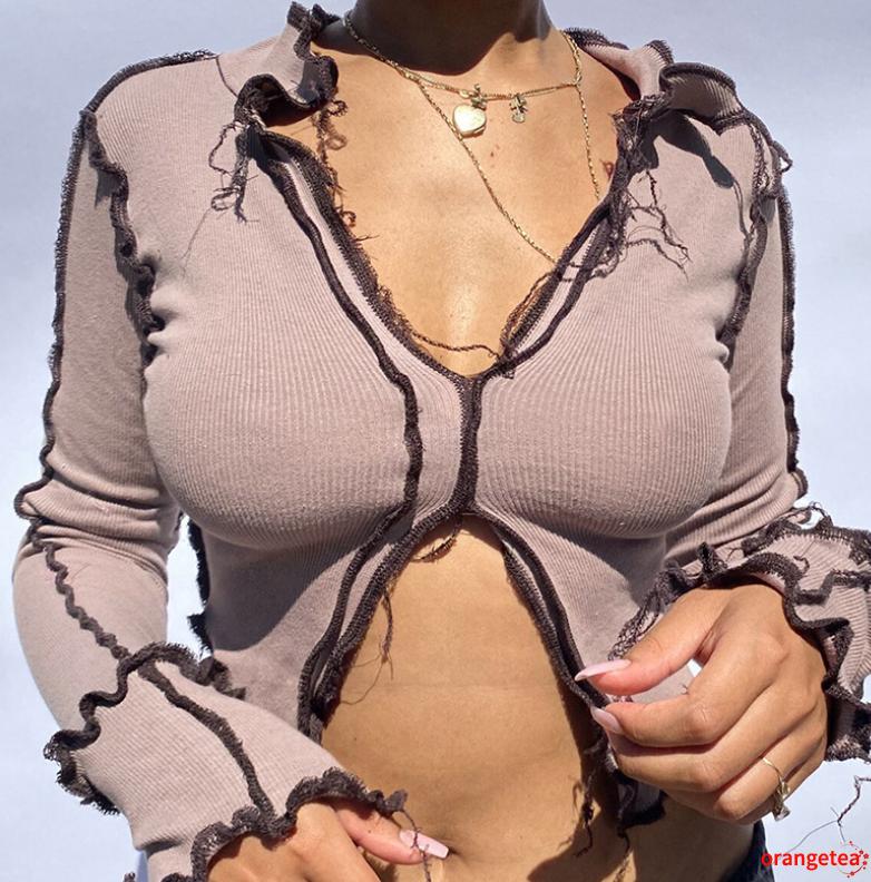 Áo Crop Top Nữ Tay Dài Cổ Chữ V Rách Cá Tính