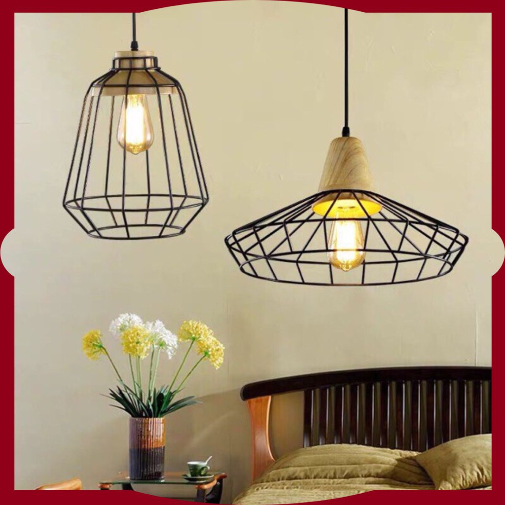 Đèn Thả ⚜️FREESHIP⚜️Đèn Thả Trần Lồng Sắt Đui Gỗ [Den Tha]
