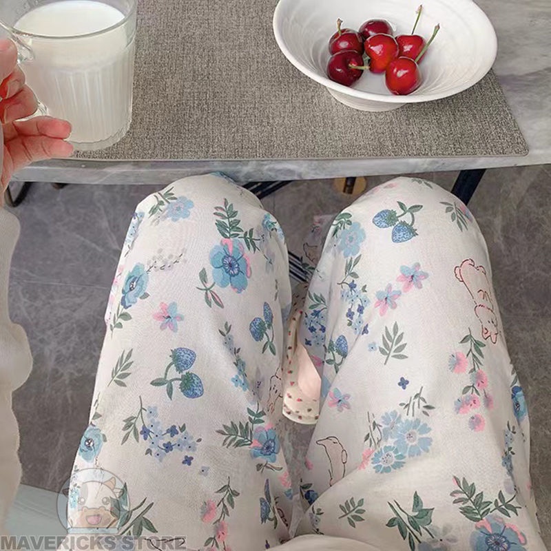 Quần Pijama Ống Rộng Họa Tiết Hoa Thoải Mái Thoáng Khí Cho Nữ