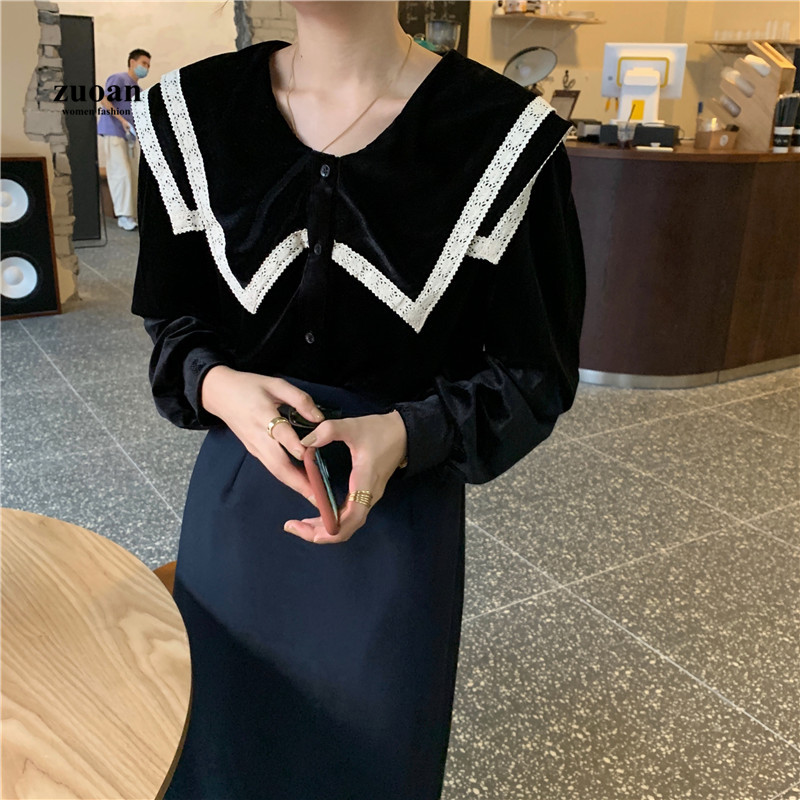 SUXI Korean Round Neck Black Velvet Splicing Long Sleeve Women's Blouse