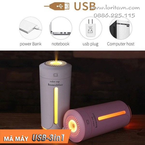 Máy xông tinh dầu, Máy khuếch tán tinh dầu LORITA cổng USB dùng Oto, bàn làm việc #