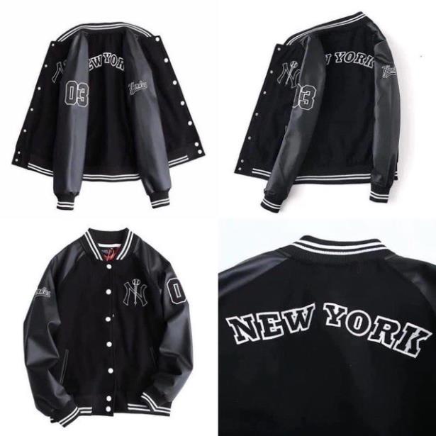 Áo bomber NY bóng chày tay da lộn unisex chất lượng, áo khoác bóng chày