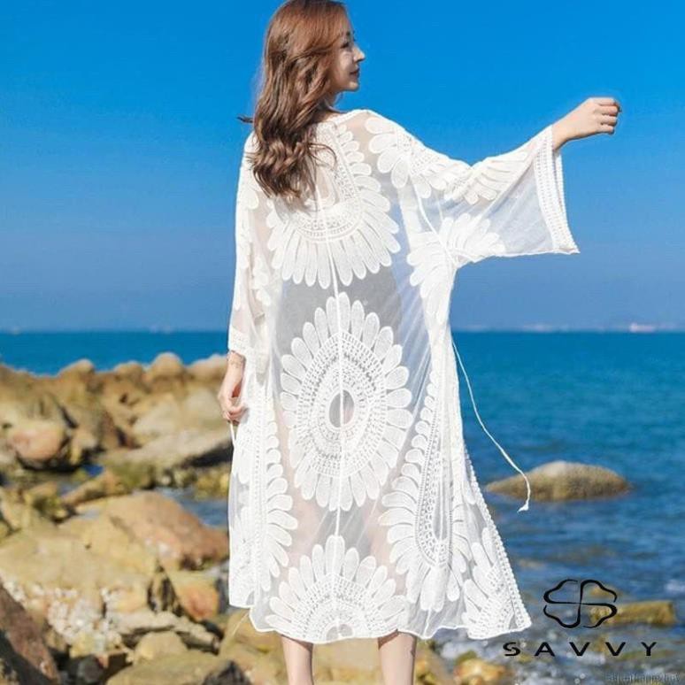 Áo Choàng Kimono Đi Biển Ren Mỏng Sexy, Áo choàng đi biển ren ( trắng - đen) ་