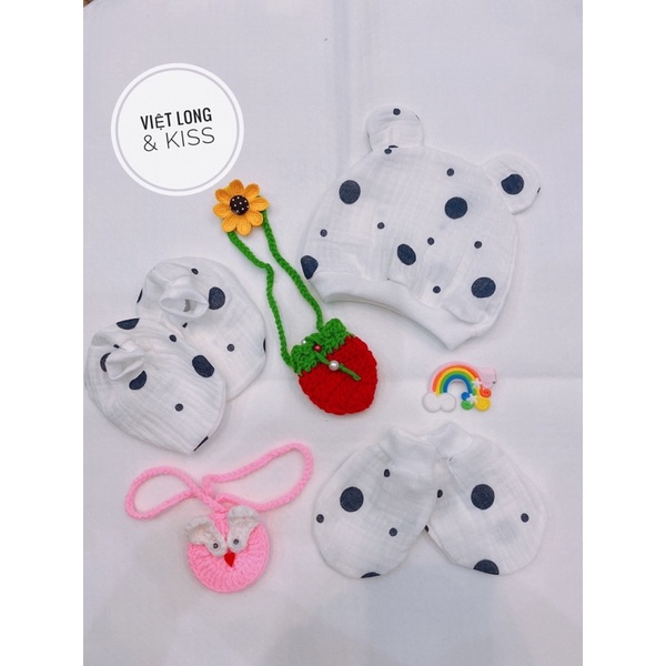 Cả set bao tay-chân-mũ cho trẻ sơ sinh chất xô Muslin siêu mềm