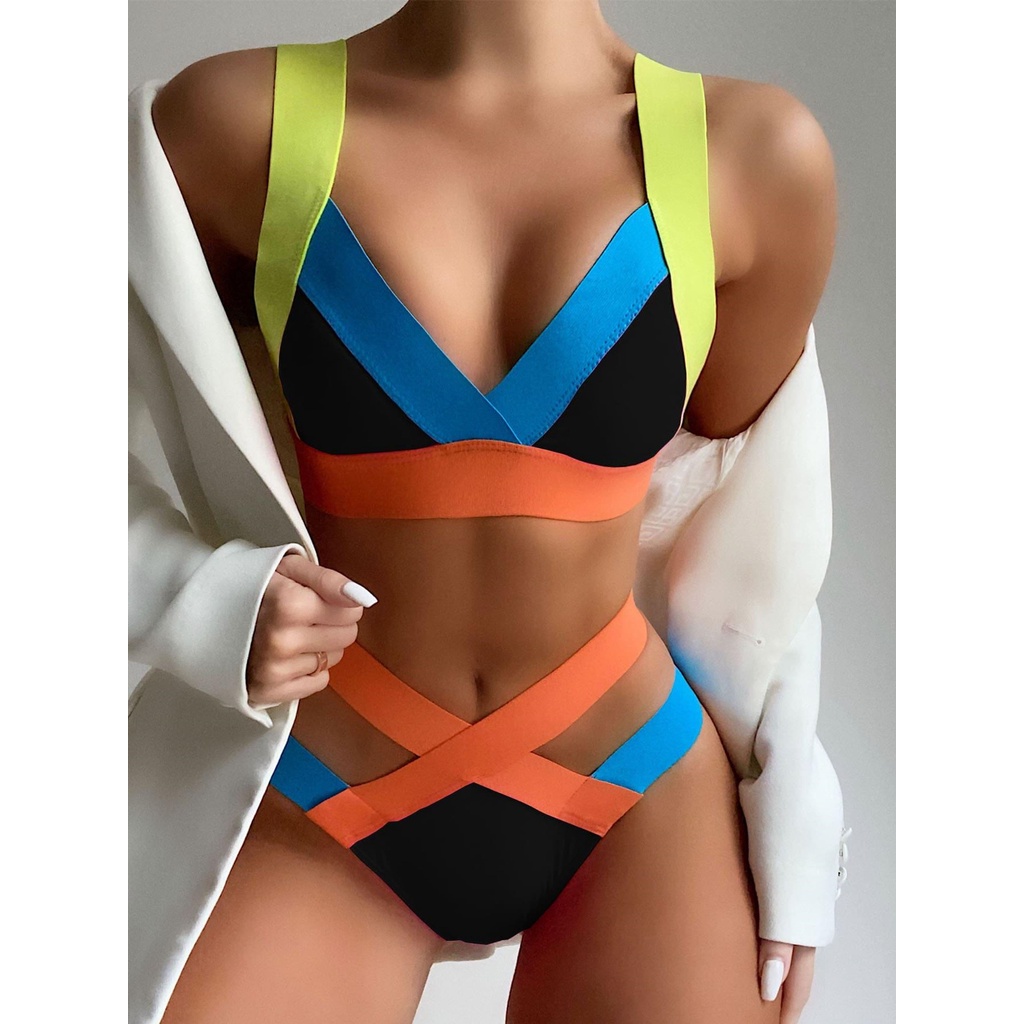 Set bikini màu sắc nổi bật lưng cao có mút nâng ngực quyến rũ dành cho nữ LG61