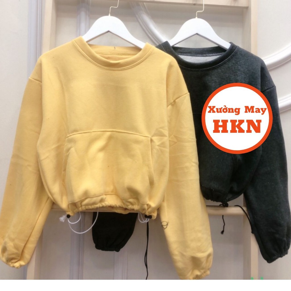 Áo Hoodie Croptop Nữ Dài Tay Có Túi Dây Rút 2 Bên Mã 683 Xưởng May HKN
