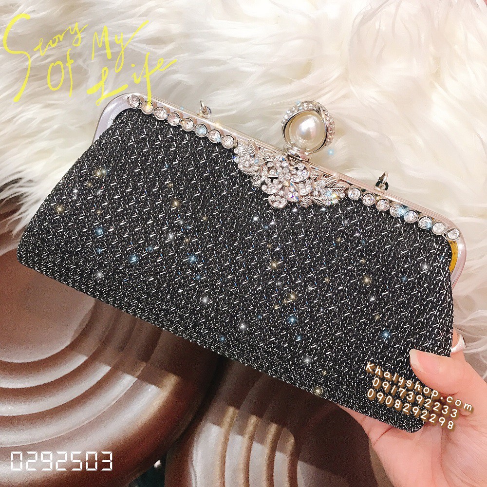 Bóp đầm clutch dạ hội dự tiệc sang trọng đeo chéo xách tay màu trắng, đen đan lưới kiểu khóa hột châu lấp lánh siêu xinh