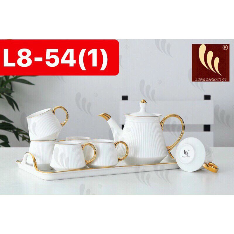 Bộ bình cốc kèm khay sứ có sọc màu trắng cao cấp