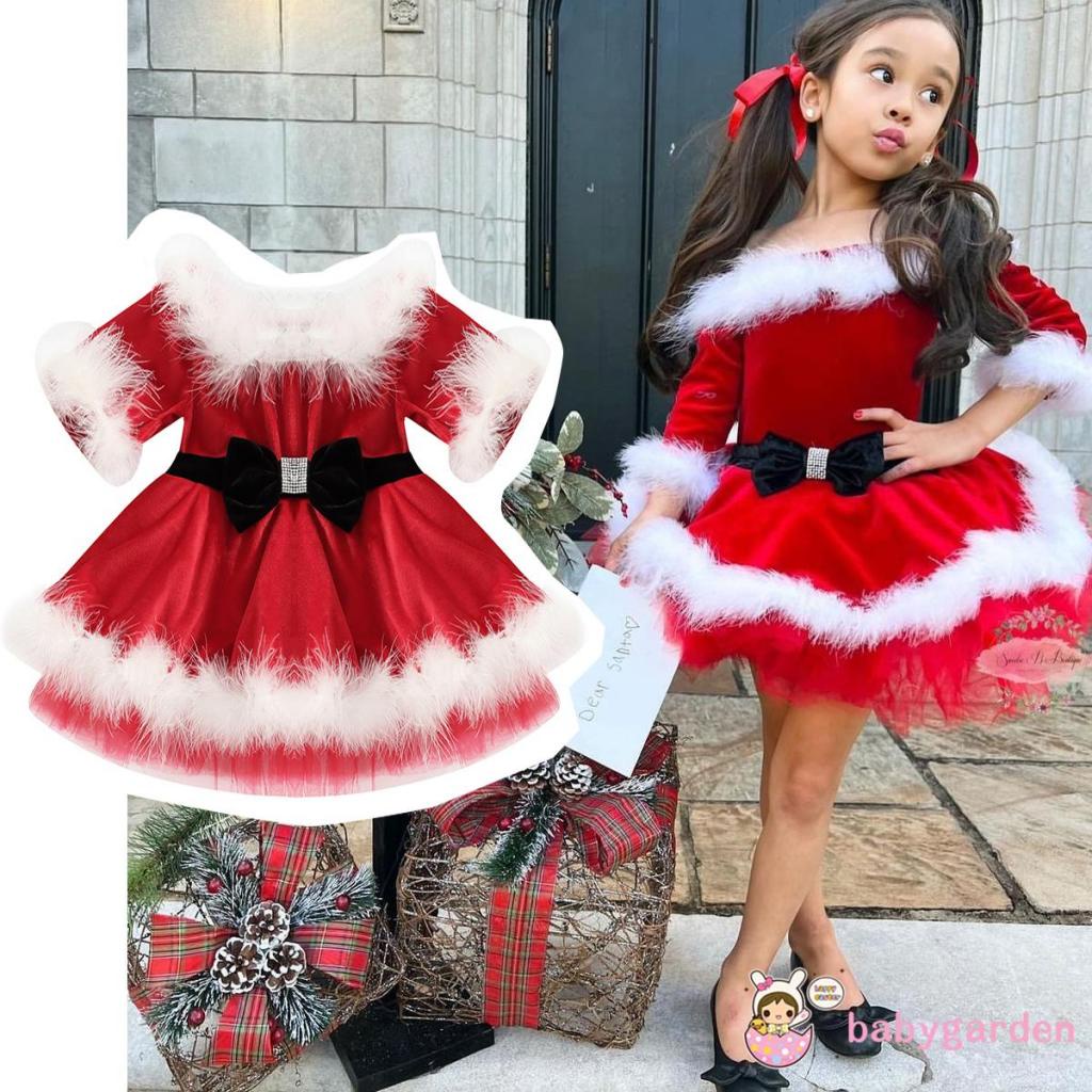 Đầm Tay Dài Phồng Hở Vai Màu Đỏ Giáng Sinh Dành Cho Bé Gái 1 Đến 7 Tuổi