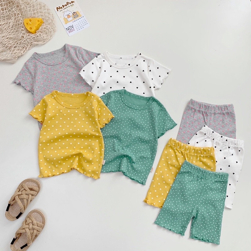 Bộ thun cotton cộc mùa hè cho bé gái, bộ phông mặc nhà trẻ em họa tiết chấm bi vàng, xanh, ghi, trắng mềm mịn, mát mẻ