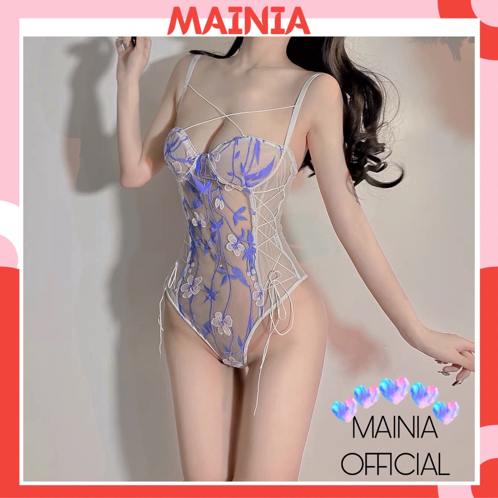 Bộ Đồ Ngủ Bodysuit Thêu Hoa Xanh Siêu Đẹp Co Giãn Cao Cấp Mainia Shop